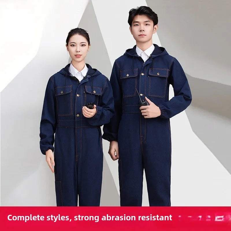 Thickened one-piece denim workwear, wear-resistant labor protection clothing, men's dust-proof auto repair crew clothing, workwe