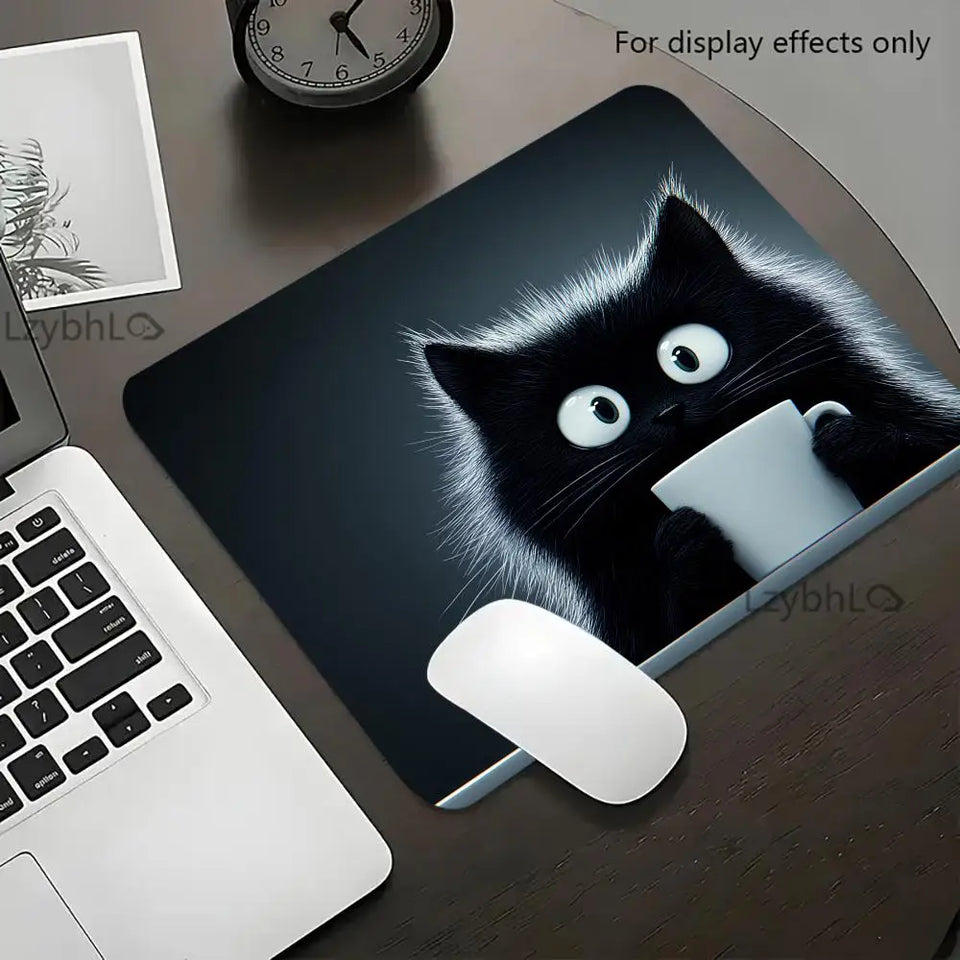 Kawaii Coffee Cat Mouse Pad Black Square Gaming Accessory Rubber Deskmats HD Non-Slip Computer Keyboard Mat New Laptop Mousepad