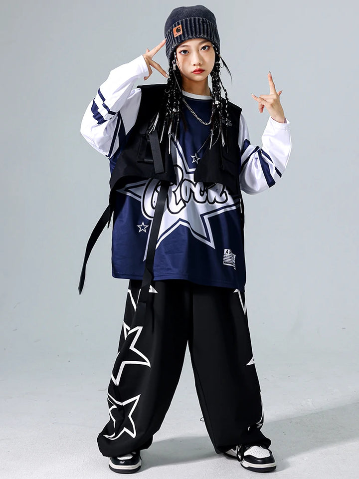 Girls Hip Hop Star Sweatshirt Vest Joggers Pants Boys Cool Streetwear Clothes Set Kids Children Jazz Street Dance K-pop Costumes