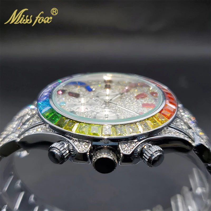 MISSFOX Men Watches 2021 Luxury Large Case With Baguette Full Diamond Quartz Wristwatch Chronograph Calendar Watch Droshipping