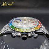 MISSFOX Men Watches 2021 Luxury Large Case With Baguette Full Diamond Quartz Wristwatch Chronograph Calendar Watch Droshipping