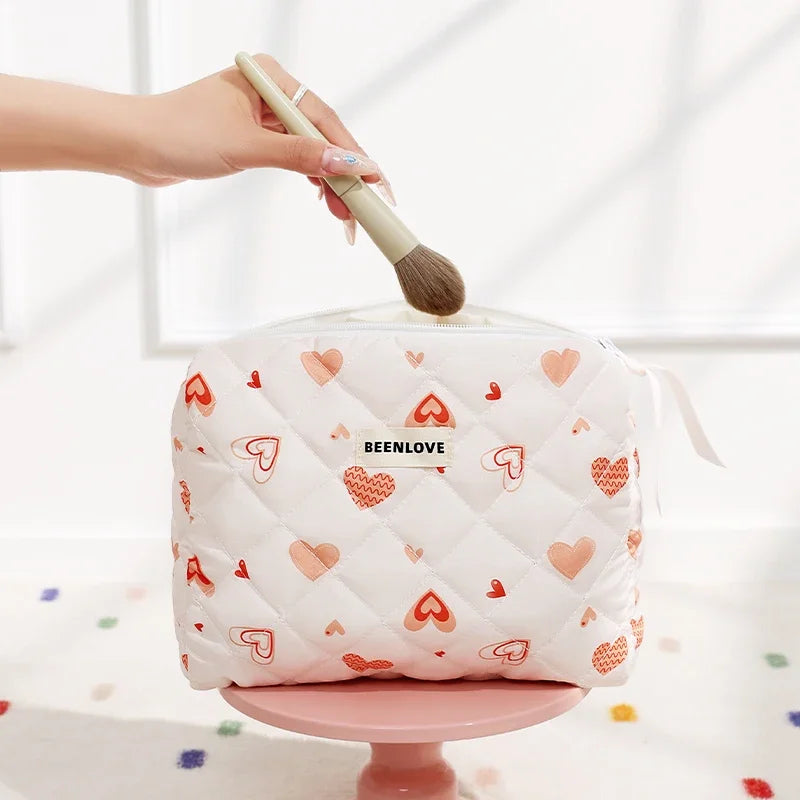 Storage Organizer Cherry Printing Makeup Bag Quilted Cosmetic Pouch Large Travel Cosmetic Bag Cute Cotton Makeup Pouch