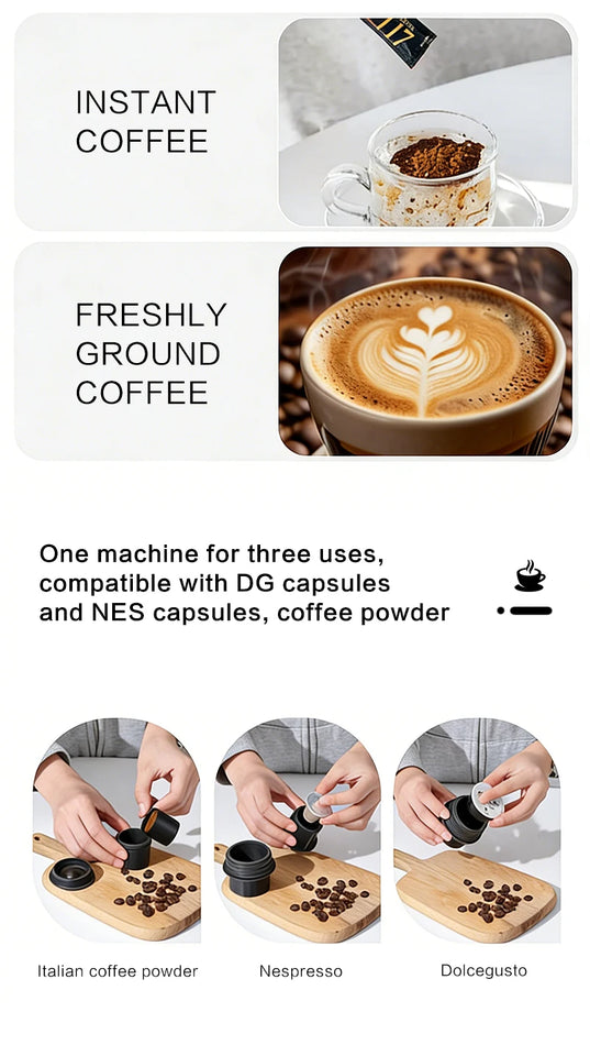 Outdoor camping portable capsule coffee machine, 3-in-1 multi-functional espresso machine with built-in wireless milk frother.