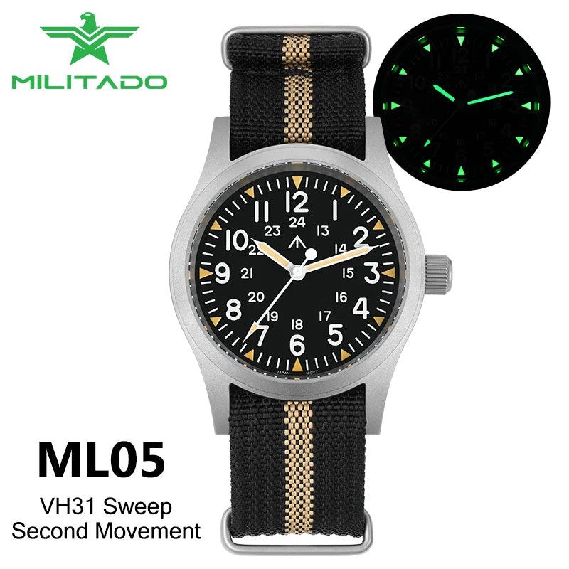 Militado ML05 Field Watch 38mm VH31 Sweep Quartz Movement Sapphire Crystal 100M Water Resistant Screw-Down Crown Men's Watches