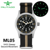 Militado ML05 Field Watch 38mm VH31 Sweep Quartz Movement Sapphire Crystal 100M Water Resistant Screw-Down Crown Men's Watches