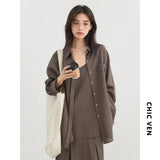 CHIC VEN Women Dress Sets Stripe Shirt Loose Casual Long Sleeve Sunscreen Blouses Camisole V-neck Dresses Spring Autumn 2025
