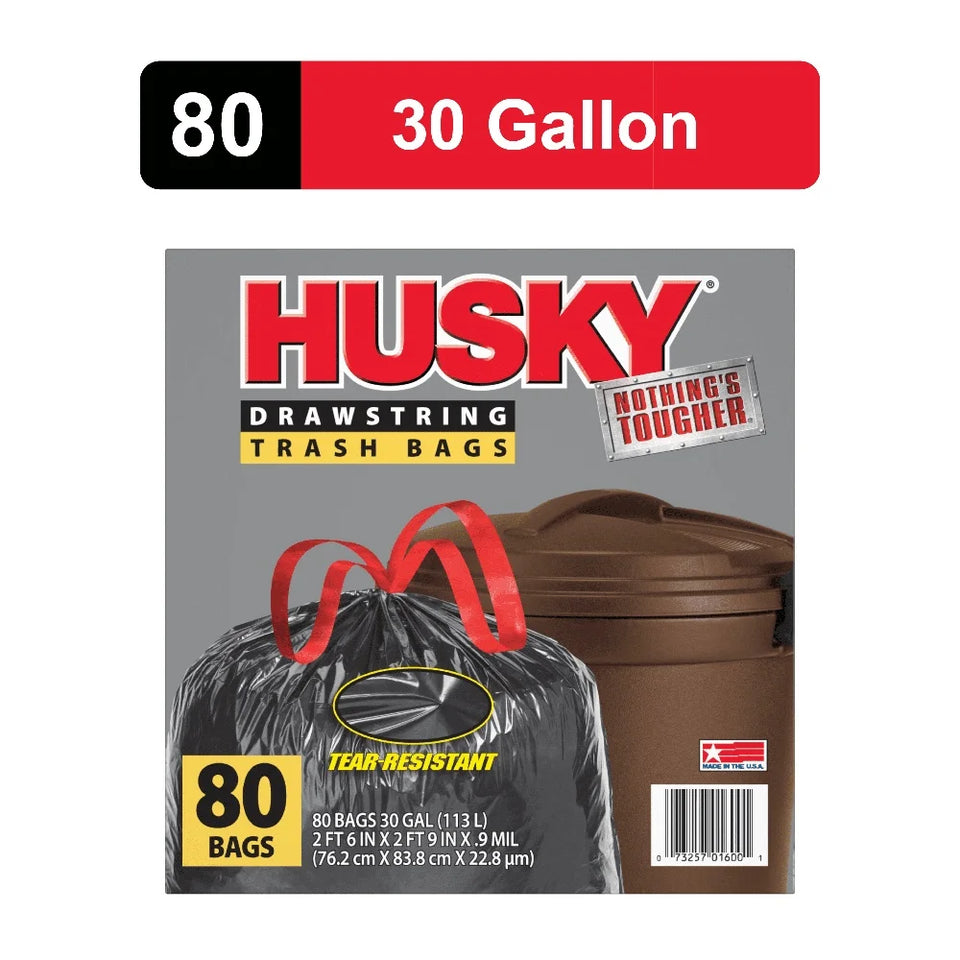 Large Trash Bags 30 Gallon 80 Count Tear-Resistant Drawstring Black Bags Unscented Durable Home Garage Waste Cleanup