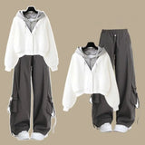 2026 Girl Spring Autumn New Casual Tracksuit Matching Set Korean Elegant Fake Two-piece Hooded Sweatshirt+Loose Cargo Pants Suit