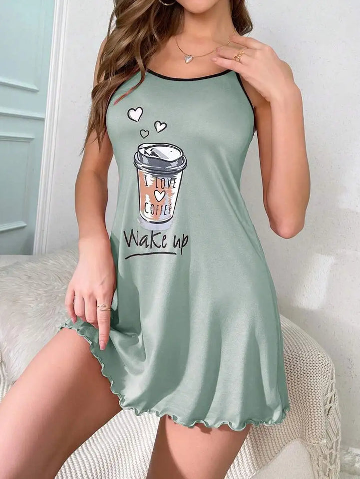 New Womens Summer Cute Coffee Letter Print Sleep Dress Spaghetti Strap Mini Cami Nightgown Lettuce Hem Contrast Trim Loungewear