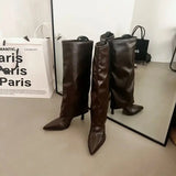 White Knee High Boots Women Pointed Toe Stiletto Long Boots Brown Designer High Heels Trousers Black Shoes Botines De Mujer