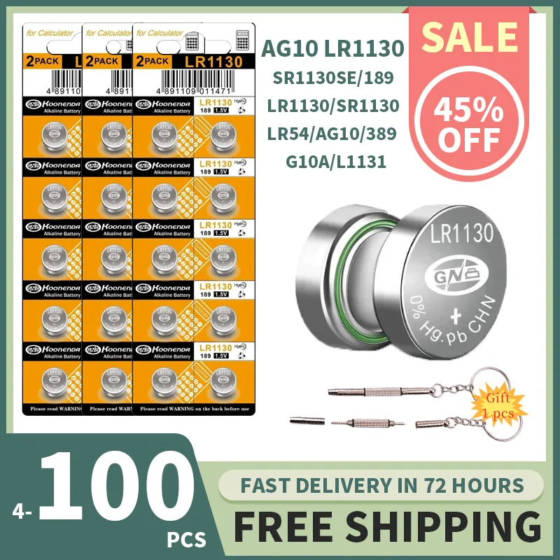 AG10 LR1130 1.55V Button Batteries (4-100PCS) - Alkaline Coin Cell for Watches,Calculators,Lasers, Toys - LR54 L1131 SR1130 389A
