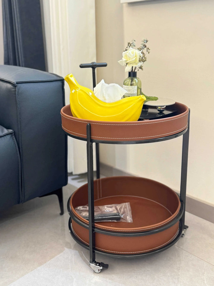 2025 New Light Luxury Sofa Side Table Movable Hotel Room Saddle Leather Trolley Home Bedroom Storage Bedside Small Coffee Table