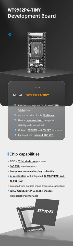 WT9932P4-TINY ESP32-P4 Development Board Compact Low Cost Rich Interfaces ESP32-P4 Core Module for IoT DIY