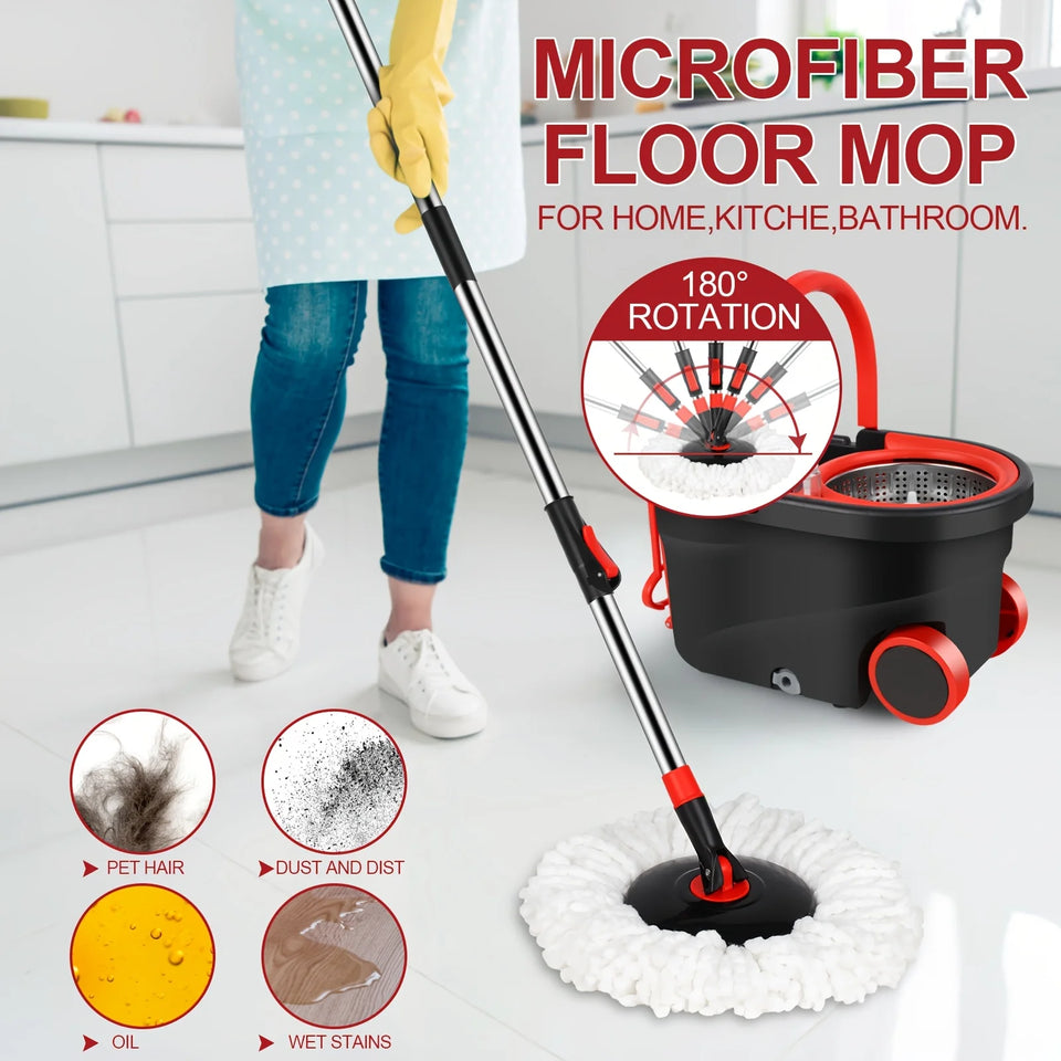 Spin Mop and Bucket Set with Wringer 360° Spinning, 4 Microfiber Mop Heads 61" Adjustable Handle Stainless Steel Floor Cleaner