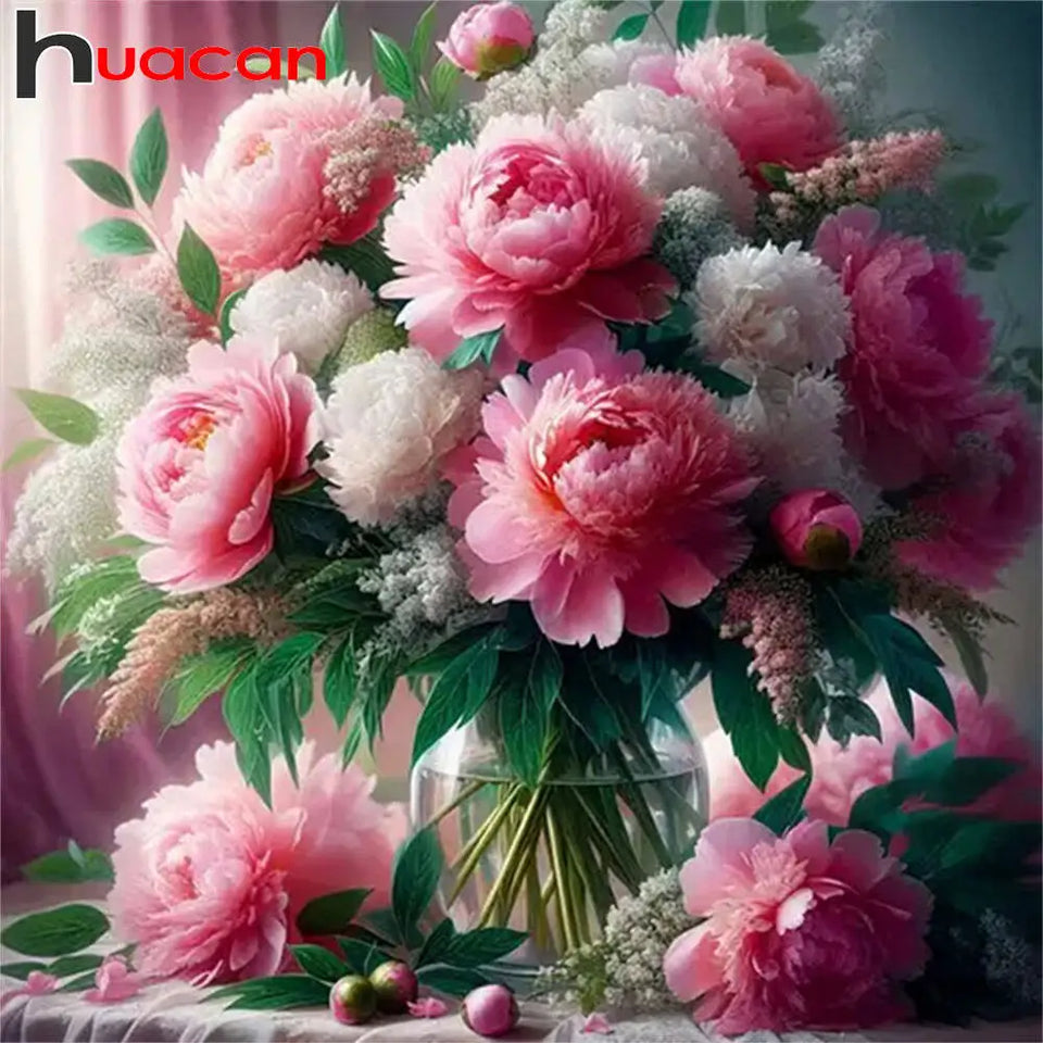 Huacan Peony Flower Diamond Painting New Arrivals 2025 Full Square Round Diamond Mosaic Wall Decor Rhinestone Pictures