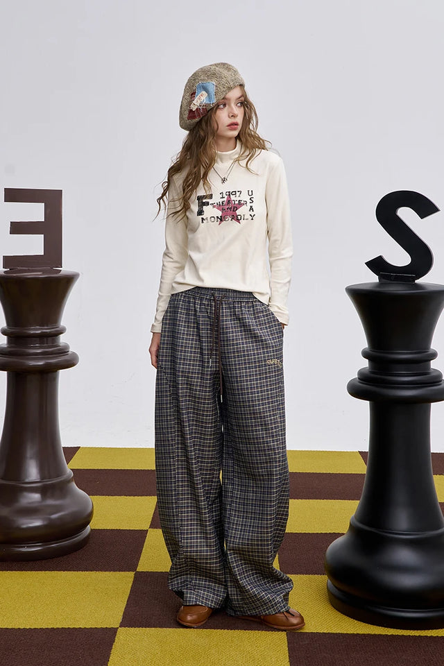 ELFSACK 2025 Winter New Arrivals Casual Loose Embroidered Plaid Long Pants For Woman