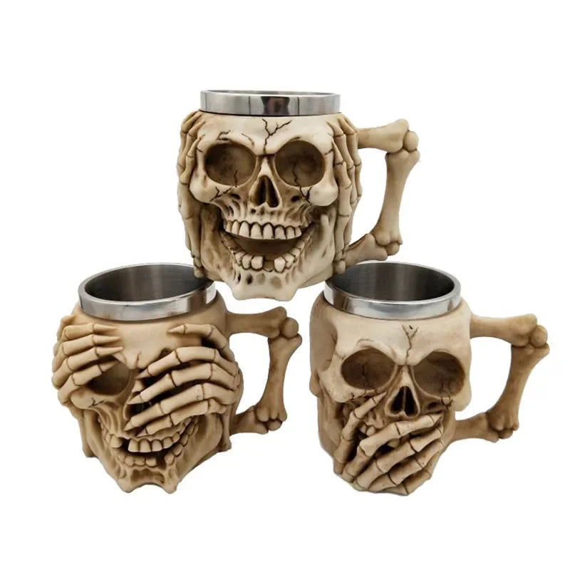 Creative Skull Mugs Cool Beer Mug 3D Resin & Stainless Steel Coffee Cups and Mugs Water Glass Wine Pub Bar Decoration Halloween