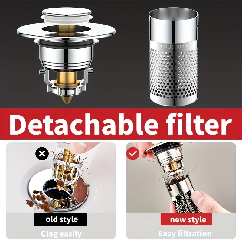 Press-Type Sink Drain Plug - Leakproof Stainless Steel | Fits Kitchen & Bathroom Sinks | Easy Install Anti-Clog Drain