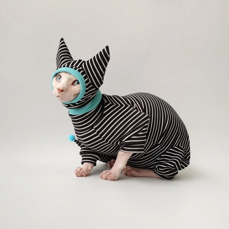 Four Legged Striped Shirt Hat Tail Cover Suit for Sphynx Cat Spring Black Sweatshirt for Kittens Hairless Warm Autumn Costumes