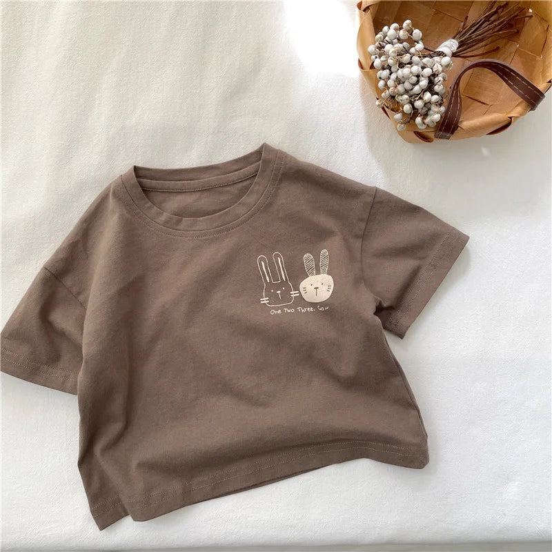 2025 Summer New Arrivals Children's short sleeve T-shirts Pure Cotton 2-7Y Cartoon Bunny T shirt Boys and Girls Looe casual Tops