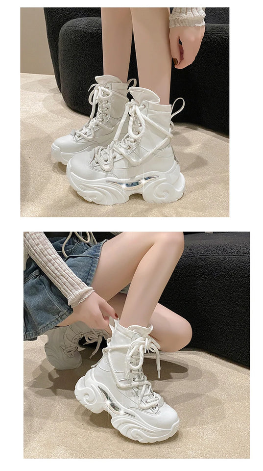 Women Ankle Boots Autumn Chunky Shoes Woman High Platform Breathable Sneakers 7.5CM Thick Sole Wedges Motorcycles Boots Winter
