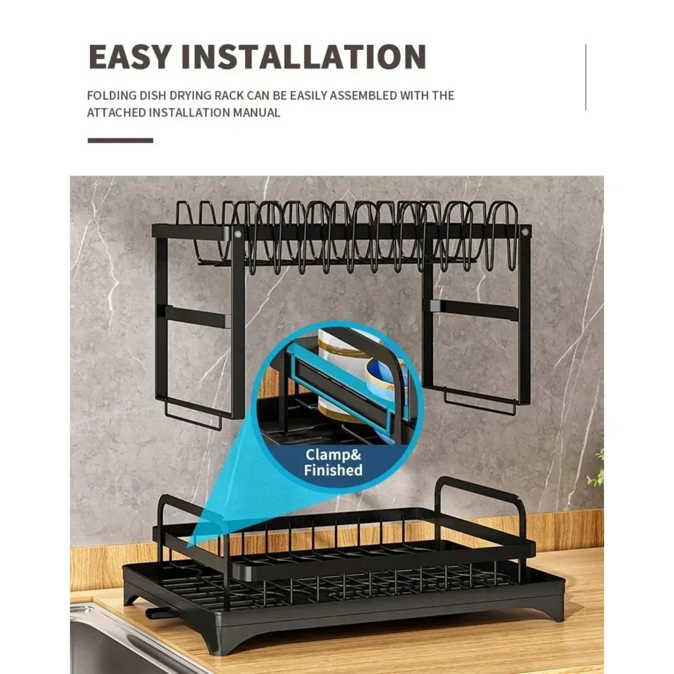 2-Tier Rotating Dish Drying Rack – 360° Swivel Drainboard with Utensil Holder, No-Drill Metal Kitchen Organizer