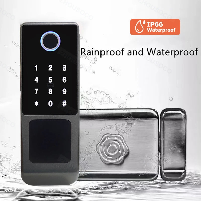 IP66 Waterproof Tuya Wifi Fingerprint Smart Door Lock Outdoor Gate TTLock Bluetooth Password Card Electronic Rim Lock For Home