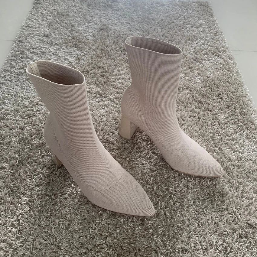 2025 Autumn Winter Knitted Stretch Fabric Socks Boots Women Low Heel Short Boots Pointed Toe Female Ankle Booties Size 42