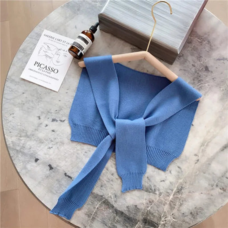 Korean Woman's Winter Wool Blouse Shoulders Cape Knotted Scarf Neck Guard Fake Collar Scarve Cashmere Warm Knitted Shawl Q36