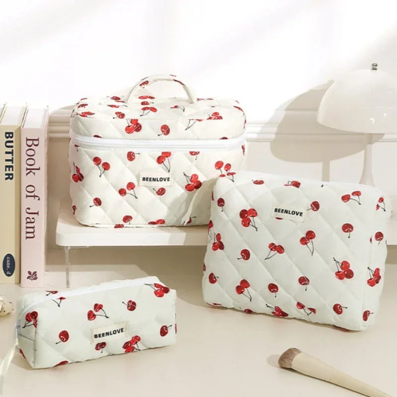 Storage Organizer Cherry Printing Makeup Bag Quilted Cosmetic Pouch Large Travel Cosmetic Bag Cute Cotton Makeup Pouch