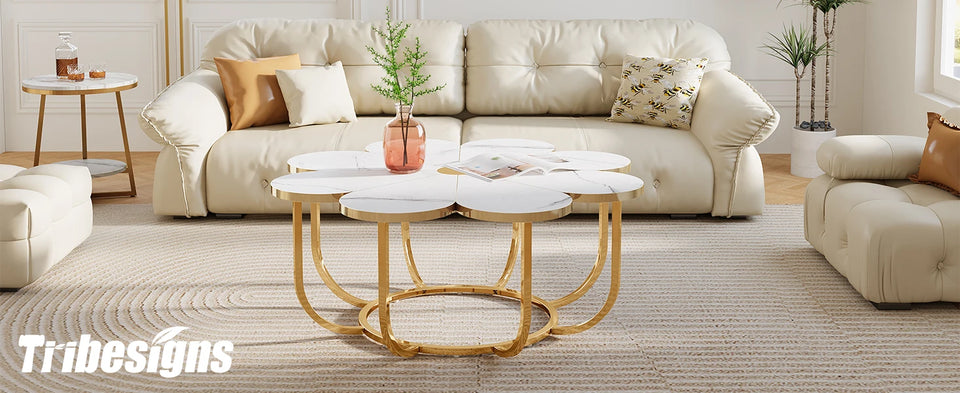 Tribesigns Faux Marble Coffee Table, White and Gold Flower-Shaped Accent Table for Living Room
