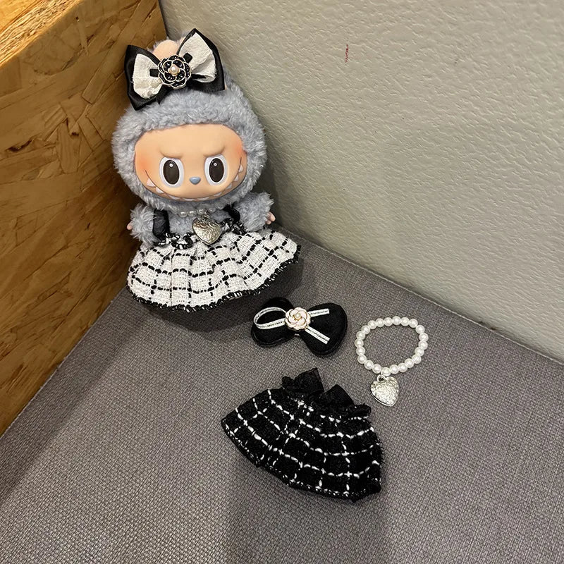 For 17cm Labubu Doll Clothing Accessories Checkered Small Fragrant Style Skirt Dress/Hair Accessories/Necklace Kits 3pcs/set