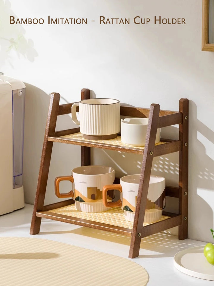 Countertop Organizer 2 Layer Coffee Cup Holder Multipurpose Bamboo Storage Shelf for Hotel Apartment Dressing Table Kitchen Home