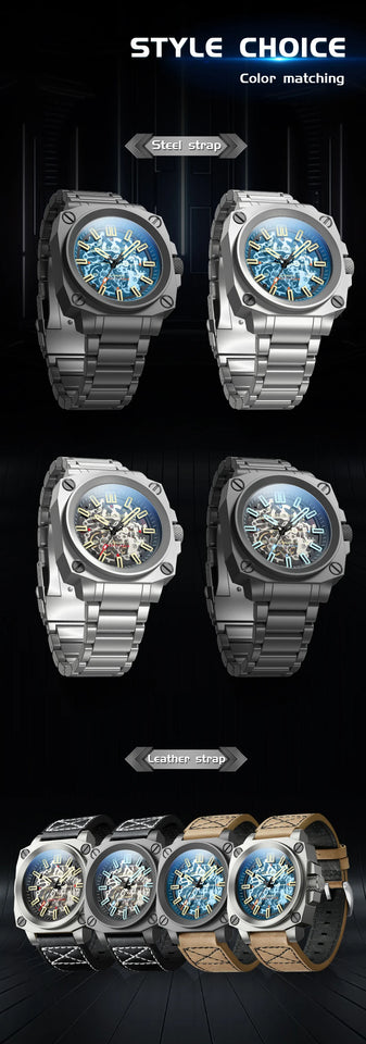 FeelNever Creative Automatic Movement Men's Watches Hollow Fashion Casual Sport Military Leather Waterproof Mechanical Watch+Box