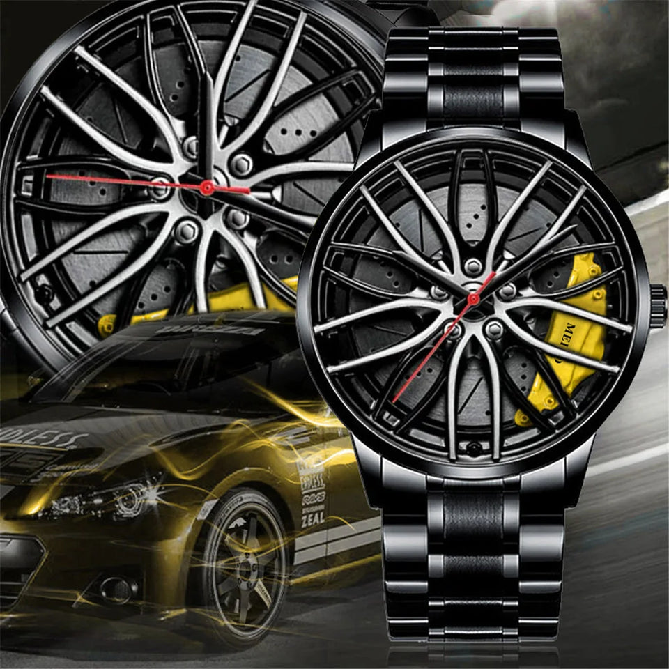 New Top Men Stainless Steel Watches Mens Car Wheel Hub Leather Quartz Watch For Male Military Sport Watch Relogio Masculino Hot