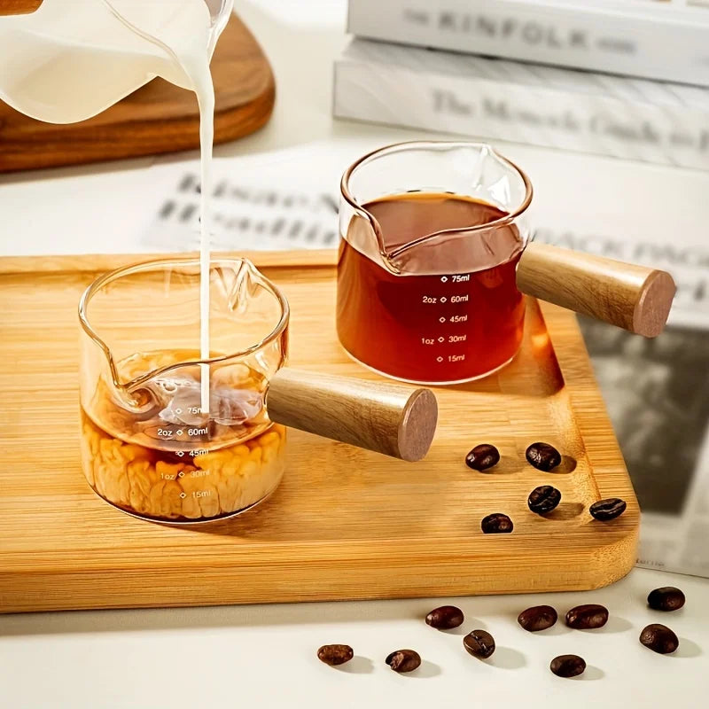 Small Measuring Cup With Scales, Wooden Handle Cup for Expresso Coffee, Milk & Sauce, Kitcken Utensil for Home & Cafe