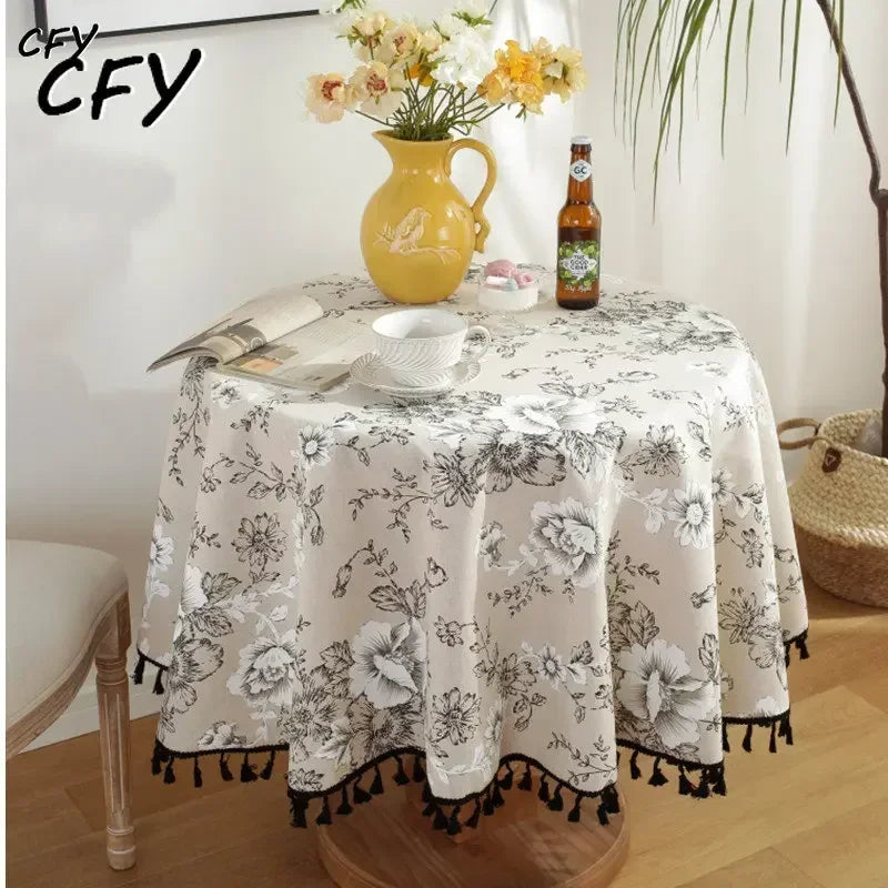 Cotton Linen Nodic Pastoral Black Peonies Black Tassel 150cm Round Tablecloth for Coffee Tables Table Cover Round Table Cloth