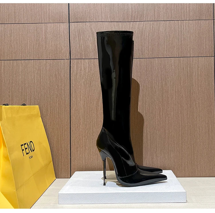 Knee-High Modern Boots Pointy Toe Women Shoes 13cm Ultra Thin Steel High Heels Metal Heel Calf Boots for Women Fun Shoes Size 46