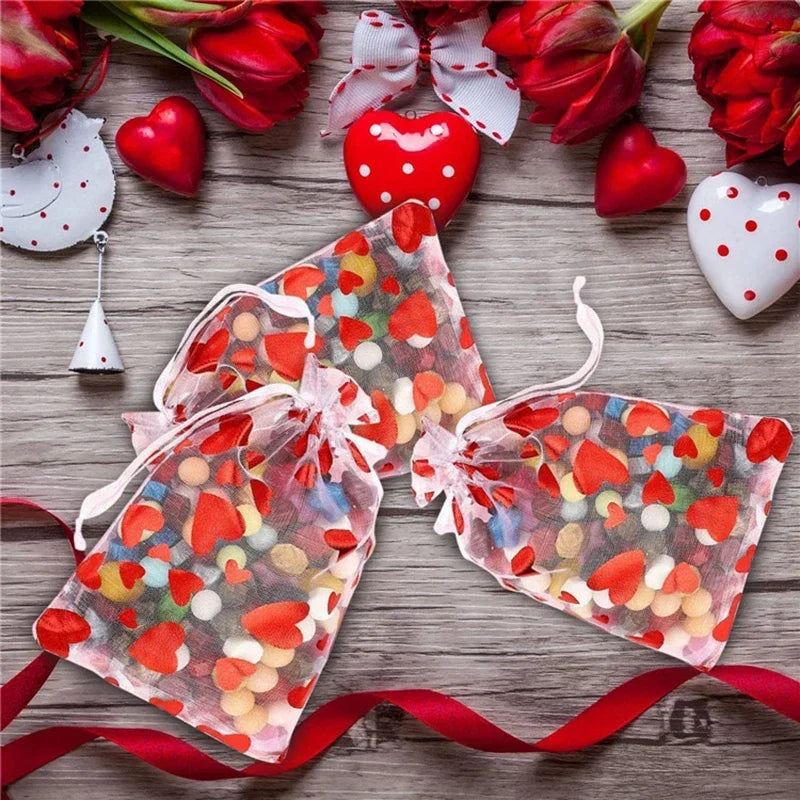100Pcs Valentine's Day Organza Bag Love Heart Drawstring Jewelry Candy Gift Bag Pounch Cosmetic Packaging Bags Wedding Party
