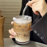 400/600ML Stripe Glass Coffee Cup With Lid and Without Cover Straw Transparent Drinking Glasses for Juice Iced Coffee Mugs