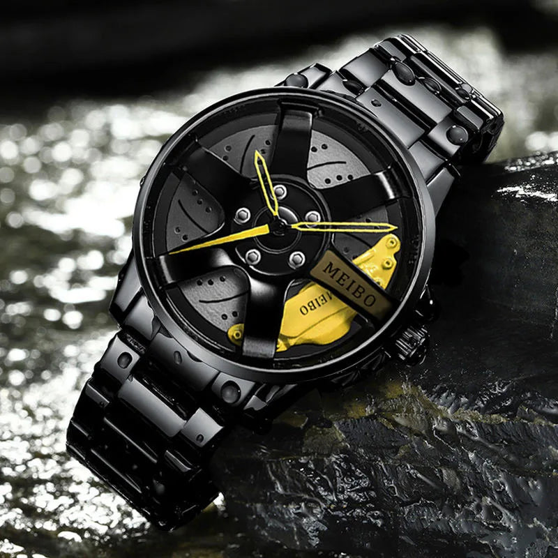 New Top Men Stainless Steel Watches Mens Car Wheel Hub Leather Quartz Watch For Male Military Sport Watch Relogio Masculino Hot
