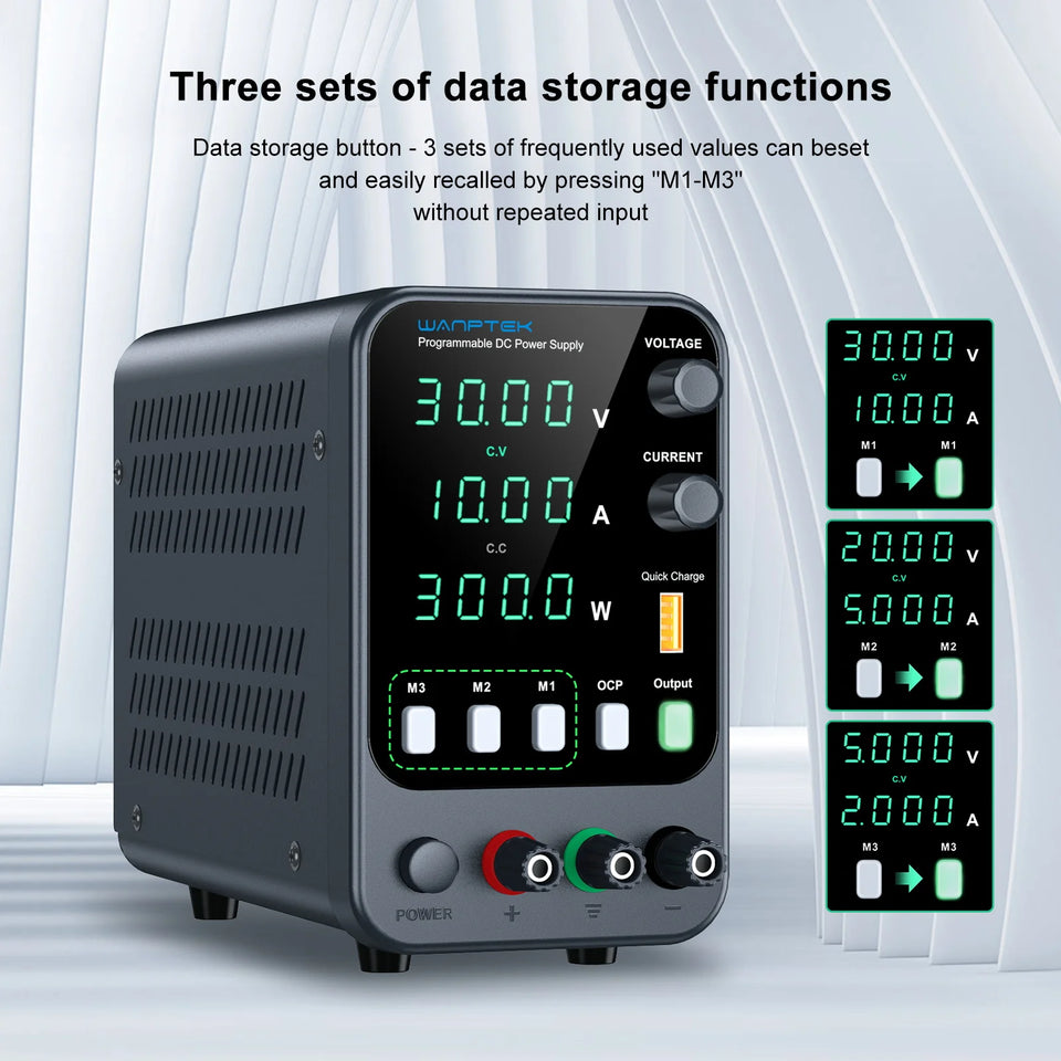 Wanptek Adjustable DC Power Supply 30V 60V 5A 10A Lab Bench Power Supply USB Interface Fast Charging Preset Voltage and Current