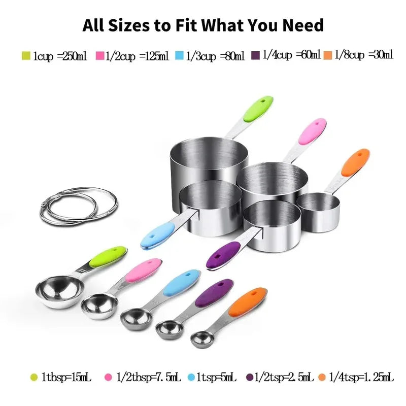 10Pcs Stainless Steel Measuring Cups and Spoons Set Stackable Tablespoons Measuring Spoons Tea Coffee Kitchen Measuring Tools