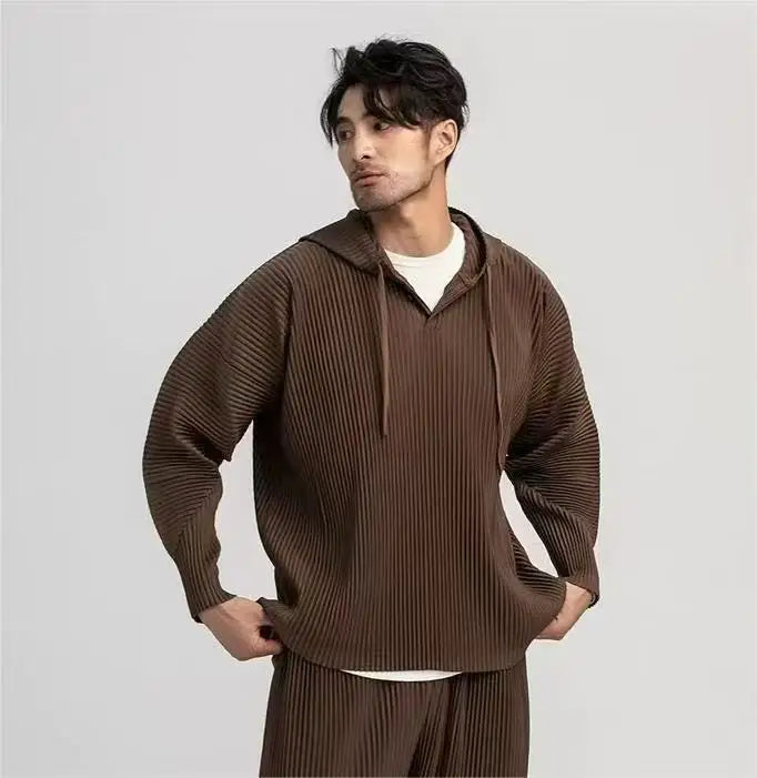 Miyake Pleated Men's Sweatshirt Hoodie Classic Pleated 2025 Summer New Tops Loose Casual Simple Drawstring Pullover Hoodie Male
