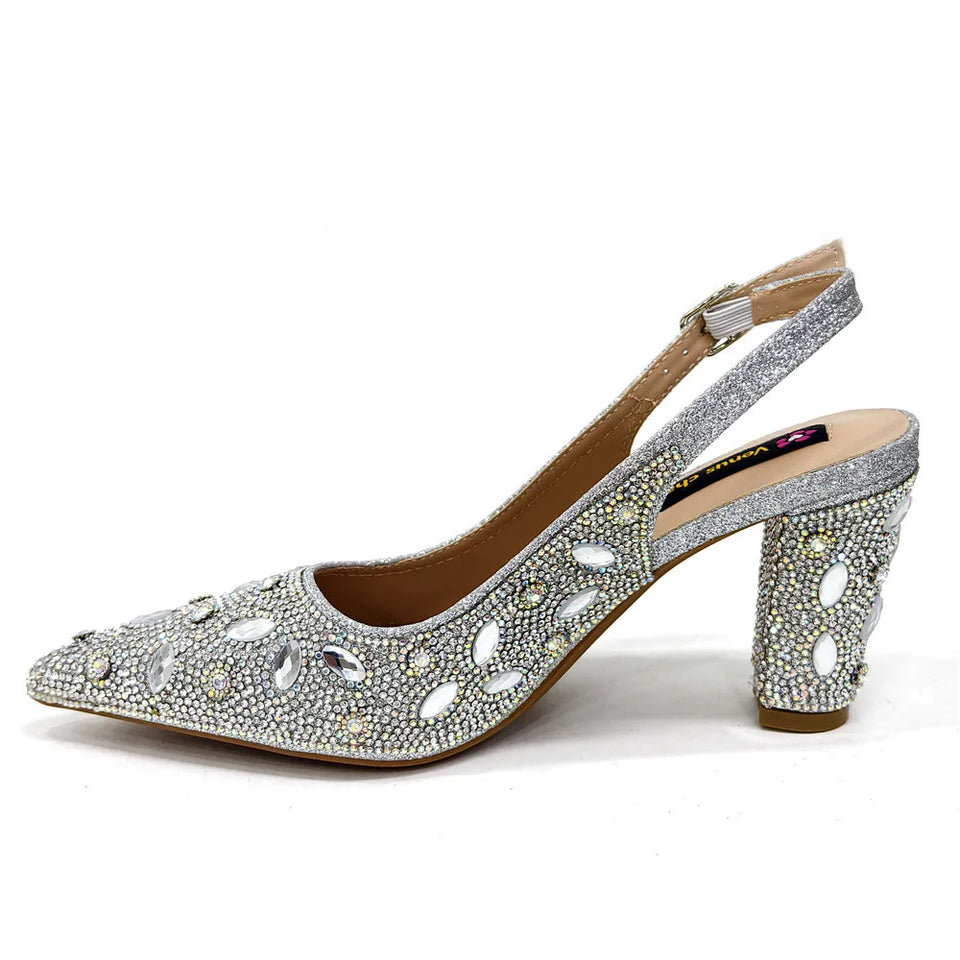 Elegant And Sexy Golden Color High Heels Shoes And Bag With Rhinestone Embellished Toe Is Comfortable Women's Shoes For Party