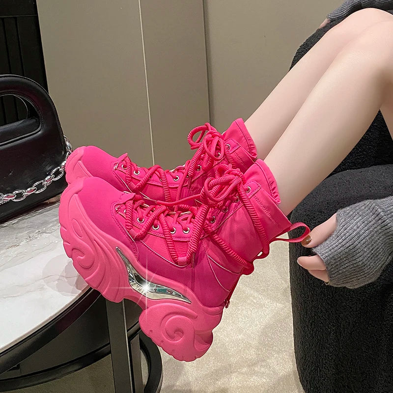 Women Ankle Boots Autumn Chunky Shoes Woman High Platform Breathable Sneakers 7.5CM Thick Sole Wedges Motorcycles Boots Winter