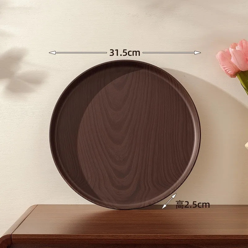 Walnut Wood-Grain Round Serving Tray-Multi-Purpose Plate for Coffee, Bread, Pastries & Tea Set Storage, Ideal for Tea Ceremonies