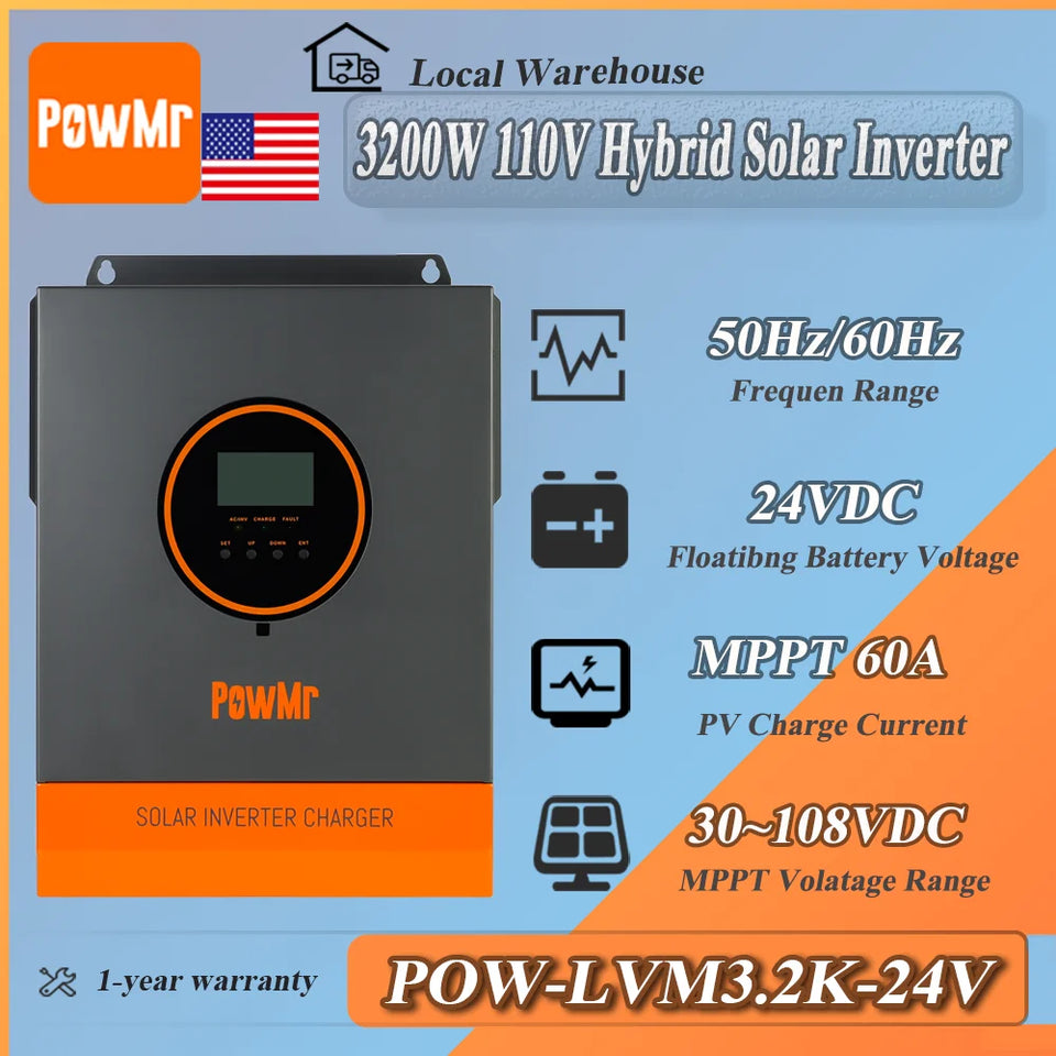 PowMr 24V 3200W 110V Hybrid Solar Inverter MPPT 60A Charger Controller Max PV Solar 108Vdc inversores híbridos solares for home
