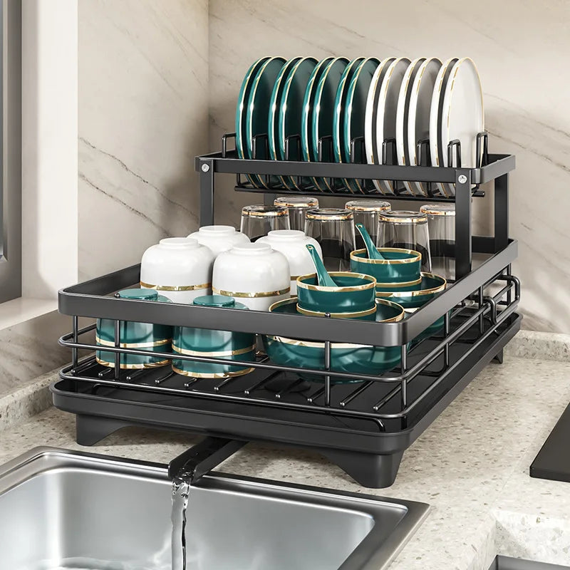 2026 Upgraded New Model - 1.5-Layer Carbon Steel Dish Rack, with Drain Tray, Commercial-Grade Tableware Storage Rack – Large Capacity, Rust-Proof, Includes Cutlery Rack and Cutting Board Rack, Suitable for Families of 4-6 P