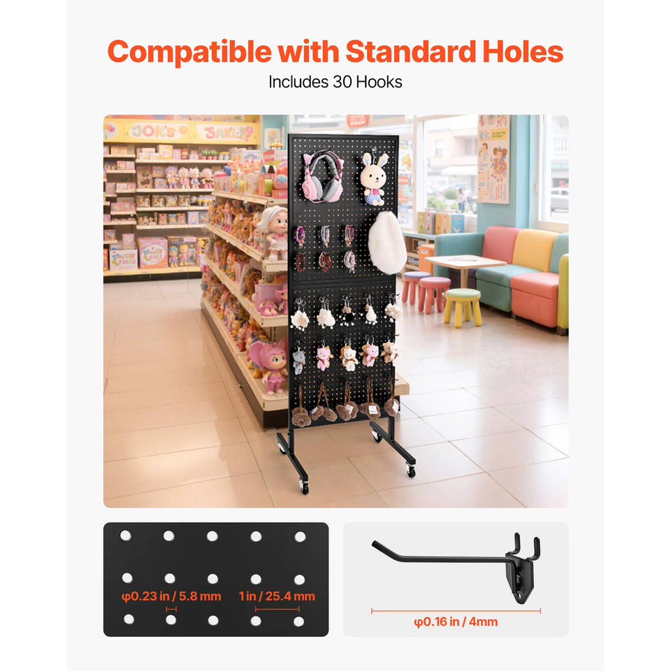 SucceBuy Standing Pegboard Display Stand with Swivel Caster & 30 Hooks Thickened  Steel Peg Board Panel for Grocery Retail Store